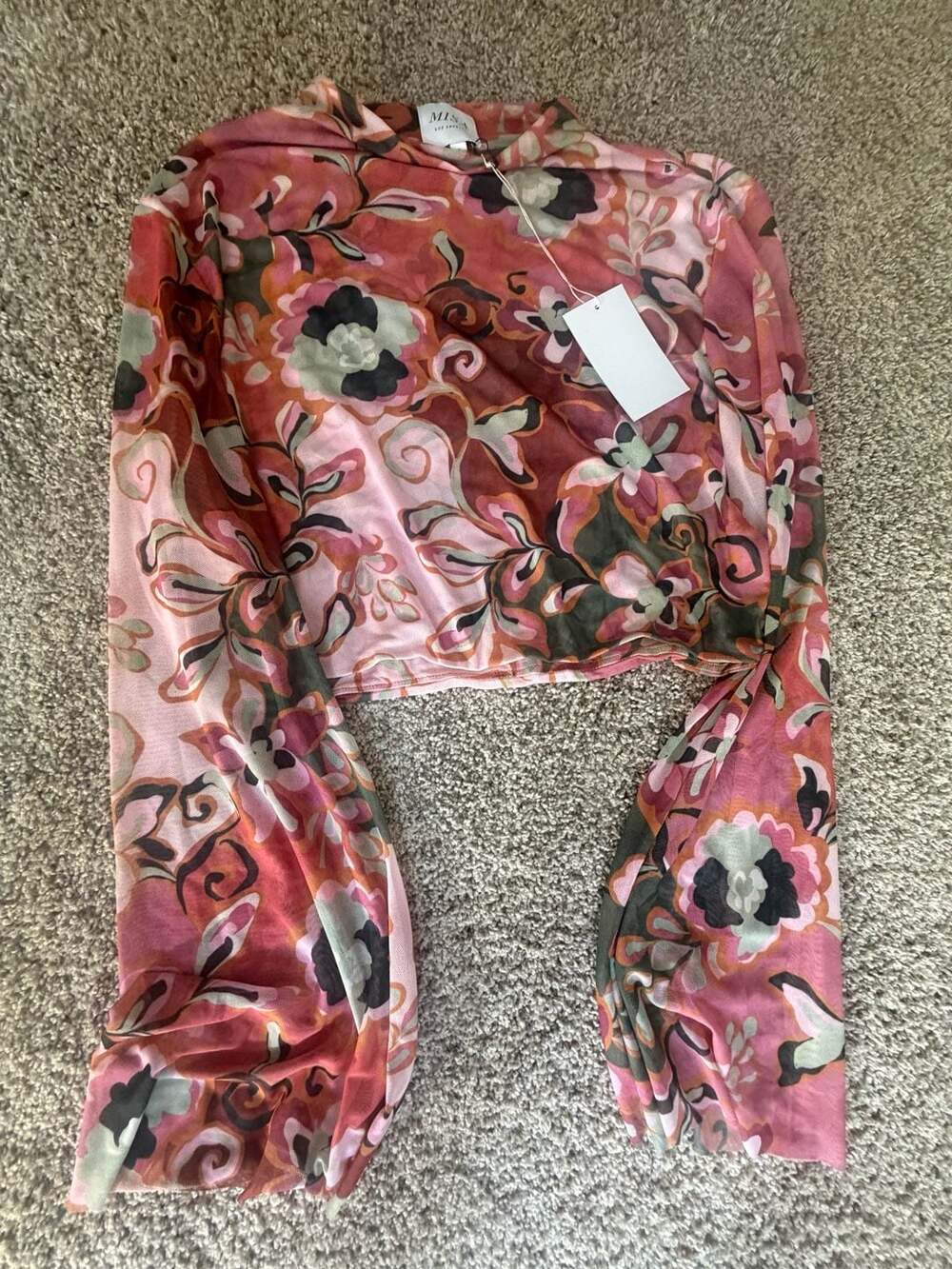MISA Los Angeles Long Sleeve Mesh Floral Print Cropped Top